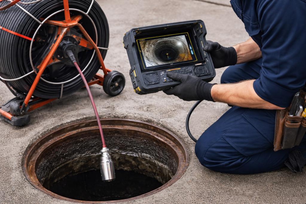 Technician holding camera for a sewer camera inspection services performed by Drainco Hydro-Jetting in Phoenix Az, learn Why Sewer Camera Inspections Matter