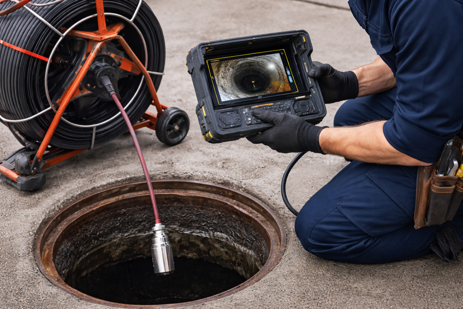 Technician holding camera for a sewer camera inspection services performed by Drainco Hydro-Jetting in Phoenix Az, learn Why Sewer Camera Inspections Matter